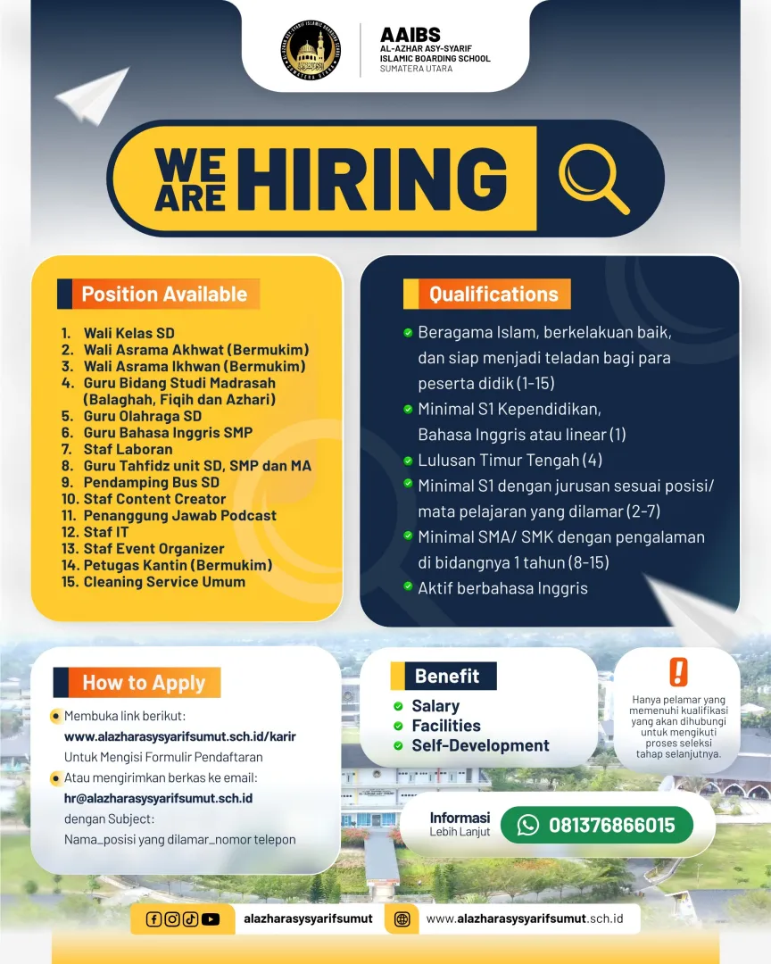 Lowongan Kerja Al-Azhar Asy-Syarif Sumatera Utara 2026: 15 Posisi Tersedia!