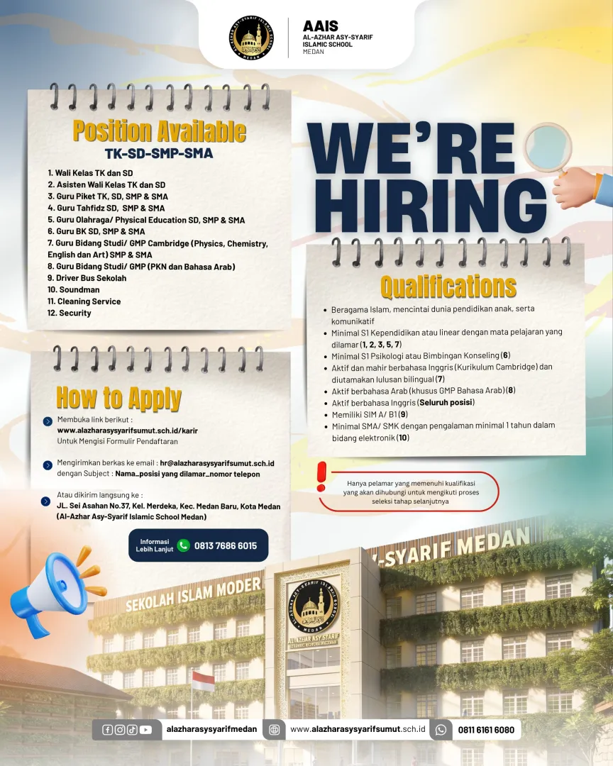 Lowongan Kerja Al-Azhar Asy-Syarif Islamic School Medan 2026 | TK-SD-SMP-SMA